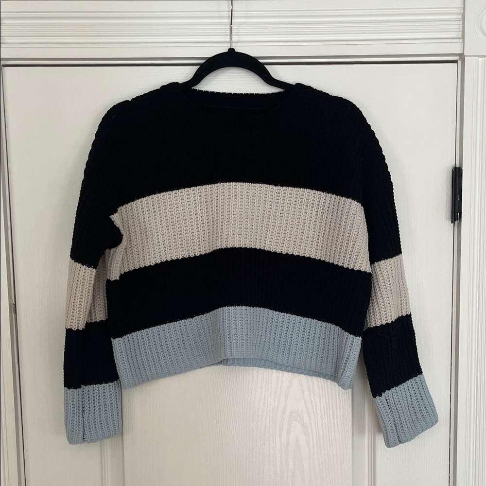 Francesca’s Striped Black, Gray, and Cream Women's Sweater